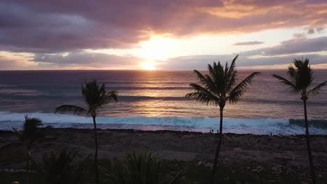 Filmische-Luftfahrt-Durch-Palmensilhouetten,-Die-Einen-Leuchtend-Orangefarbenen-Goldenen-Sonnenuntergang-über-Dem-Pazifischen-Ozean-In-Oahu-Hawaii-Enthüllen