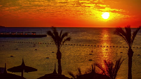 Time-lapse-shot-of-waving-palm-trees,-waving-water-of-ocean-during-golden-sunset