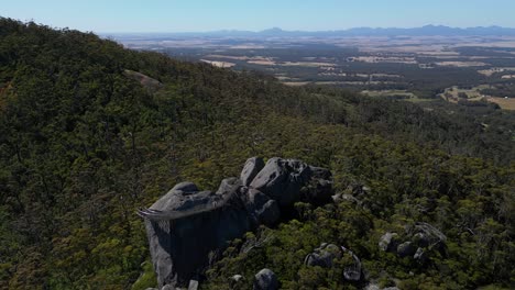 Aerial-orbit-of-treetop-lookout-in-Australia,-mountains-in-background