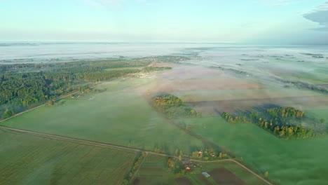 Aerial-shot-of-an-open-green-field-with-fog-and-mist