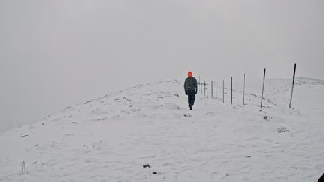 Hiking-mountain-snow,-rear-view-of-man-walks-on-mountain-peak-during-snowfall