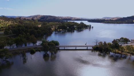 Static-aerial-cars-driving-over-small-bridge-Lake-Eildon,-Australia