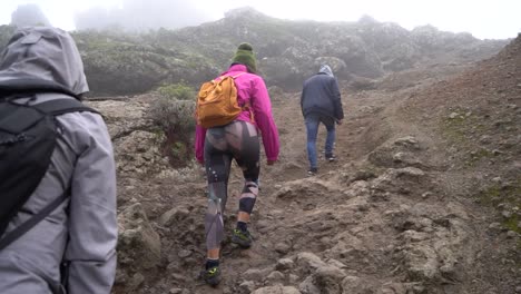 Las-Palmas-De-Gran-Canaria,-Spanien---24.-Januar-2023:-Wandergruppe,-Die-An-Einem-Nebligen-Morgen-Auf-Der-Gran-Canary-Island,-Spanien,-Zum-Roque-Nublo-Aufsteigt