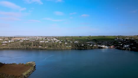 An-aerial-panorama-over-river-Bandon-curve-and-Summercove-village-with-Charles-fort-and-James-fort,-Kinsale-harbour-and-town
