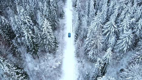 Drone-flies-behind-the-car-filming-from-above-around-winter-forest