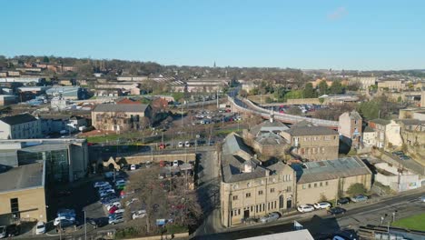 Busy-small-town-of-Dewsbury-West-Yorkshire-with-busy-road