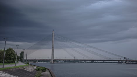 Cable-stayed-Vansu-Bridge-crosses-the-Daugava-river-in-Riga,-Latvia