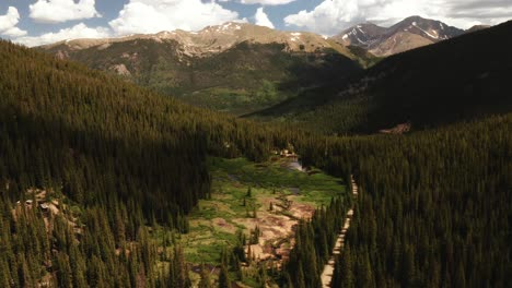 Aerial-view-of-a-summertime-green-mountain-valley-with-ponds-in-Breckenridge,-Colorado
