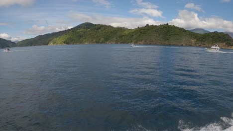 Wide-angle-view-of-small-speedboat-passing-larger-boats-on-beautiful-blue-water-in-summertime---Endeavour-Inlet,-Marlborough-Sounds