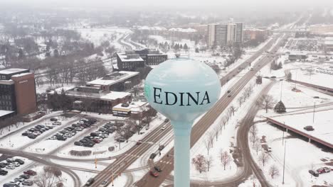 Aerial,-Edina-water-tower-in-Edina,-Minnesota-during-winter-season