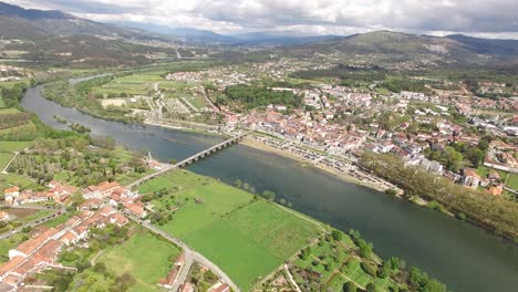 Drone-Shot-City-of-Ponte-de-Lima-and-River-Lima-in-Portugal