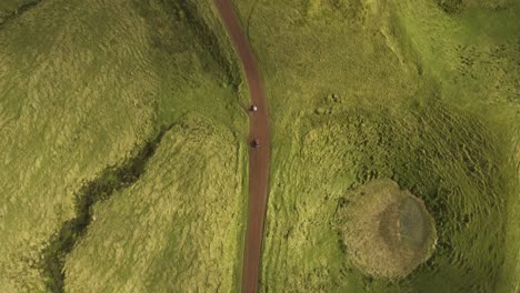Drone-top-down-view-of-quad-bikes-on-dirt-road-sided-by-lush-green-in-São-Jorge-island,-the-Azores,-Portugal