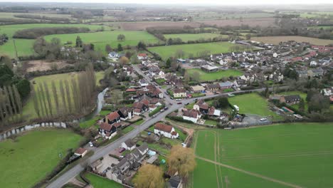 Fyfield-,small-village-Essex-UK-Drone,-Aerial,-pull-back-reveal