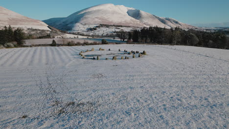 Castlerigg-Stone-Circle-flyover-towards-mountain-Blencathra-in-winter