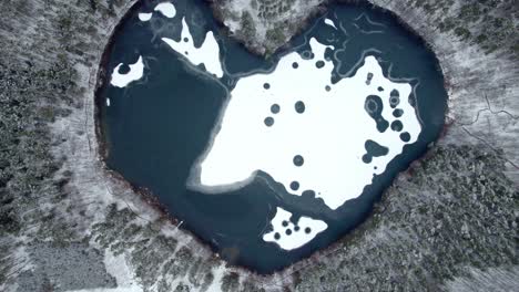 Snow-floating-on-ice-in-a-perfect-shape-of-a-heart-in-lake-surrounded-by-forest-in-winter-time