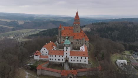 Aerial-view-of-Bouzov-Castle,-Moravia,-Czech-Republic