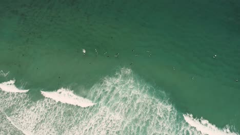 Carmel-by-the-Sea-Beach-Drohnenvideo-Nebliger-Morgen-Surfer-Auf-Wellen---Surfer-Kreisen-Abwechselnd-Ab