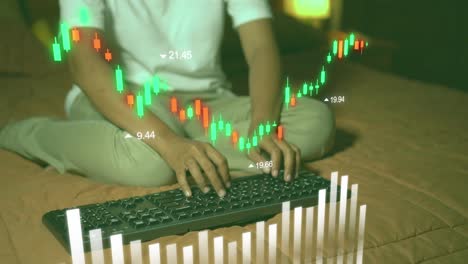 Graph-trading-concept-virtual-screen-metaverse-technology,-Finance-data-analytics,-chart-report,-woman-typing-on-keyboard-investment-data-digital,-financial-management-technology
