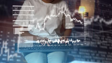 Futuristic-trading-concept-virtual-screen-metaverse-technology,-Finance-data-analytics,-Graph-chart-report,-woman-typing-on-keyboard-investment-data-digital,-financial-management-technology