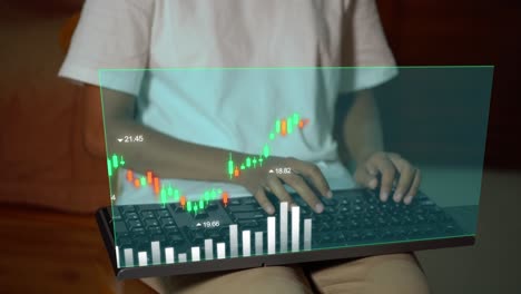 Trading-concept-virtual-screen-metaverse-technology,-Finance-data-analytics,-Graph-chart-report,-woman-typing-on-keyboard-investment-data-digital,-financial-management-technology
