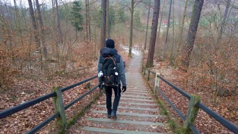 Shot-of-a-man-with-a-backpack-walking-along-a-forest-steps-while-hiking-through-the-forest-on-a-cold-winter-day