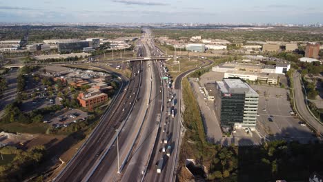 Aerial-static-shot-of-a-busy-highway-3-lanes-1-way