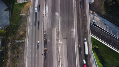Aerial-static-top-down-shot-of-a-highway-3-lanes-1-way