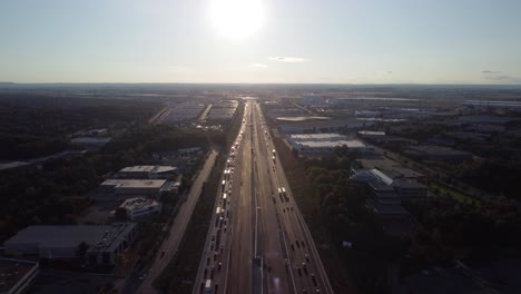Aerial-push-in-shot-of-a-highway-3-lanes-1-way
