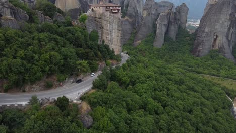 Aerial-view-of-the-Meteora-Monastery-in-Greece-Europe-flying-down