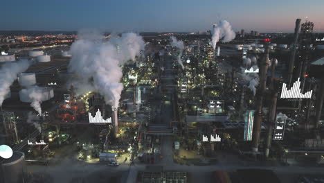 Aerial-reveal-through-smoke-of-high-tech-oil-refinery