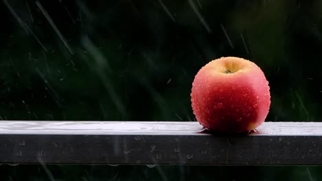 Red-apple-over-a-fence-in-the-rain,-fruit-on-a-handrail-during-a-rainy-day,-isolated-organic-food,-weather-background
