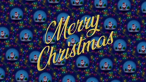Festive-Christmas-animated-wrapping-paper-background,-with-waving-Santa-in-a-snowglobe-and-flashing-fluttering-fairy-lights-on-a-dark-blue-background,-with-write-on-animated-Merry-Christmas-message