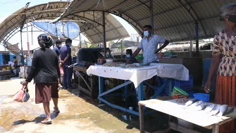 Caminando-Por-El-Mercado-Local-De-Pescado-Al-Aire-Libre-Durante-La-Pandemia-De-Covid-En-Negombo,-Sri-Lanka