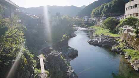 Gujo-Hachiman-Town-in-the-Mountains-of-Gifu,-Sunset-over-the-Yoshida-River