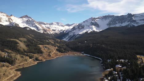 Trout-Lake-in-Rocky-Mountains-with-drone-moving-forward