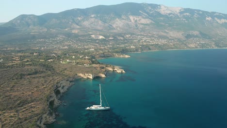 Aerial-breathtaking-view-Kefalonia-Island-coastline,-turquoise-water-natural-Scenery