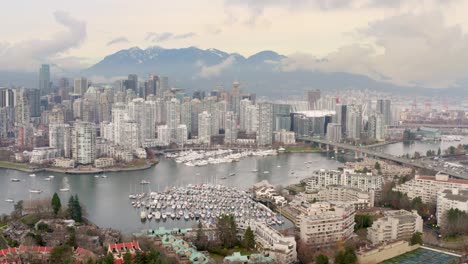 Yaletown-At-Downtown-Vancouver-With-False-Creek-In-Foreground-From-Fairview-In-BC,-Canada-At-Sunrise