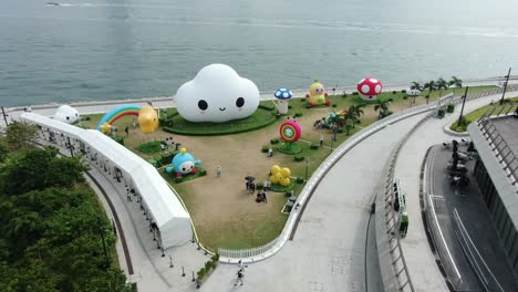 Hong-Kong-west-Kowloon-Friends-with-you-giant-art-installation,-Aerial-view