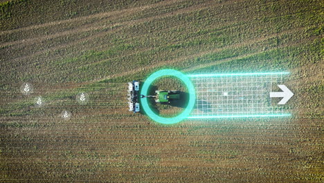 Top-down-aerial-animation-of-autonomous-self-driving-tractor-planting-seed-in-farmland-field