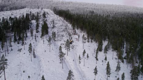 Forest-harvester-is-relocating-felled-timber-during-winter,-Rendalen-Norway