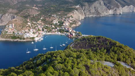 Aerial-view-of-Asos-village-on-the-west-coast-of-Kefalonia,-Greece,-Europe