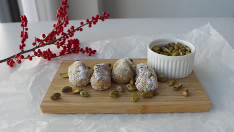 Shot-zooming-on-a-setup-for-food-photography,-chewy-pistachio-amaretti-Christmas-cookies