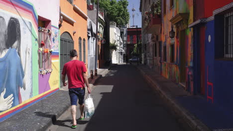 Walking-along-narrow-and-picturesque-Russel-Street,-Buenos-Aires