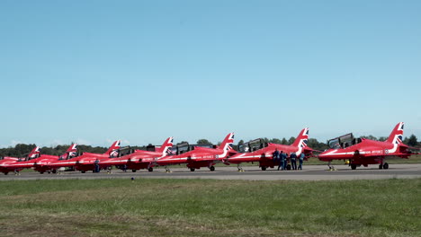 Row-Of-Red-Arrows-BAE-Hawk-Aircraft-On-The-Flightline-During-The-Gdynia-Aerobaltic-2021-Airshow