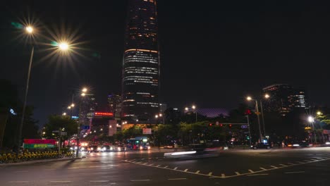 Night-traffic-on-multilane-crossroad-near-Lotte-World-Tower-Mall-in-Seoul-timelapse-with-light-trails