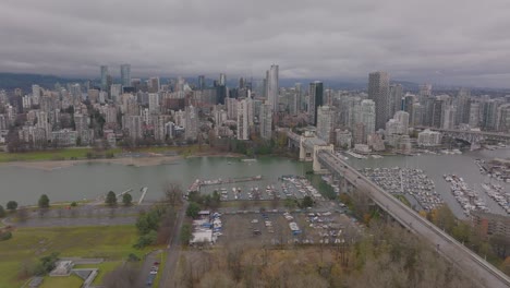 Aerial-footage-of-Downtown-Vancouver-with-English-bay-and-Burrard-Street-Bridge-in-4K
