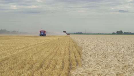 Ein-Traktor-Und-Ein-Mähdrescher,-Die-Ein-Weizenfeld-Ernten