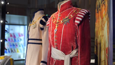 Close-up-shot-of-the-uniforms-placed-in-the-beautiful-Royal-Palace-at-Stockholm,-Sweden