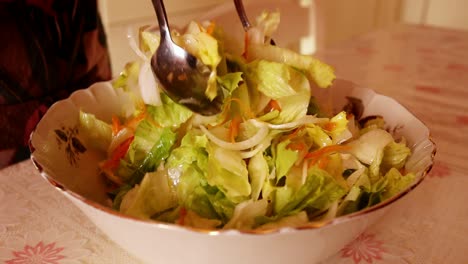 Zubereiten-Und-Würzen-Eines-Gemischten-Salats-In-Einer-Dekorierten-Porzellanschale,-Nahaufnahme-In-Zeitlupe