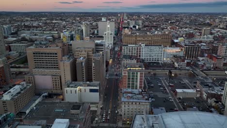 Aerial-of-North-Broad-Street-in-Philly-at-sunset